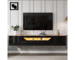Gutent TV-meubel - 180 x 37 x 36 cm - 3 opbergvakken - hangende kast - hoogglans -Zwart + Naturel houtkleur