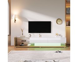 Gutent TV-meubel, Hoogglans, Glazen wand, Variabele LED-verlichting, Hout en wit