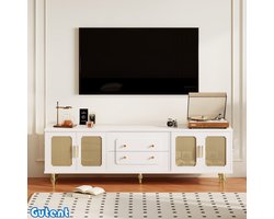 Gutent TV-meubel - Vintage Stijl - Gouden Handgrepen - Met Rotan Deur - Metalen Voeten - Wit