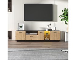 Gutent TV-meubel, Zwart en Naturel Hout, met één lade, Drie deuren waarvan twee met glas, Compacte structuur, 15 variabele LED-lampen