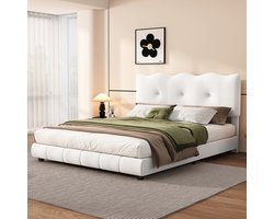 Gutent Tweepersoonsbed, Wit (Zonder matras), 140 x 200 cm, met Lattenbodem, Wave and cloud-hoofdbord, verstelbaar hoofdbord, velours