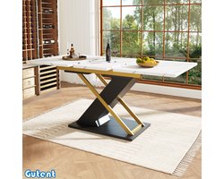 Gutent Uitschuifbare eettafel (160-200 x 60 cm)-Goudzwarte gekruiste poten-Wit tafelblad