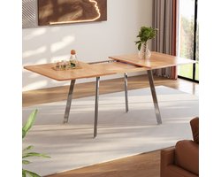 Gutent Uitschuifbare Eettafel, Naturel kleur, Zilver verchroomde poten, 140 cm x 80 cm, uitschuifbaar tot 180 cm, sterke legering steunen, geschikt voor 4-6 personen