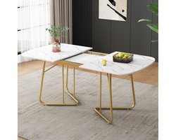 Gutent Uitschuifbare Eettafel, Wit, MDF Tafelblad, Vergulde Metalen Poten, Uitschuifbare Eettafel 140/180x80 cm, verfijnde luxe stijl, witte rechthoekige eettafel, geschikt voor 4-6 personen