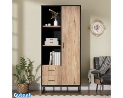 Gutent Vitrinekast - Moderne hoge kast - 80x40x180 cm - Houten buitenkant - Zwart frame - Met deur - 2 laden