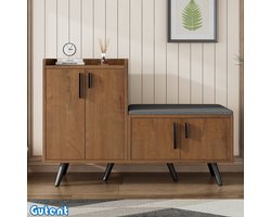 Gutent Woodgrain Modern Schoenenkast-Vierdeurs Opbergkast-Asymmetrische Metalen Handgreep-B120/D34/H82-Bruin