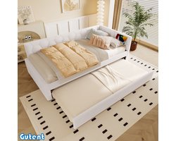 Gutyent Slaapbank-90*200 cm-met lattenbodem (Zonder matras)-met bedlampje-met multifunctioneel uitschuifbed-USB-interface-Type-C-aux wol-Wit