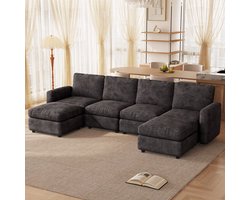 Guyii bank – Modulaire Hoekbank met Opbergruimte – Donkergrijs Fluweel – Comfortabele 6-Zits bank met Voetensteun – Totale breedte bank 297 cm sofa