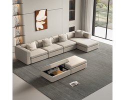 Guyii bank,WoonkamerBank,Lichtbeige Modulaire bank Comforter,Stijlvolen Oversized De Bank for Woonkamer met 4 Kussens Kussens, 7-zitbank de Bank voor woonkamer,3 Voetsteun met Opbergruimte，Klein Appartement, Lounge, sofa (7 zitplaatsen)