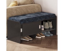 Guyii Halmeubel – Luxe Schoenenbank met Opbergruimte – Blauw Fluweel – 110 cm – Comfortabele Zitbank met Kussens en Schuifdeur – Schoenenkast voor Hal of Slaapkamer,bedbank