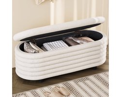 Guyii Meubella Poefs - Moderne opbergbank 116,5 cm – Stoffen bankje met opbergruimte – Ovale vorm – Crème wit – Slaapkamer of hal