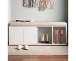 Guyii Meubella Schoenenbank – Schoenenbank met opbergruimte en zitkussen – Opbergbank voor hal of gang – 120 cm, wit Praktische schoenenbank – Moderne Poefs