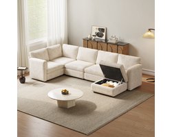 Guyii Modern Modulaire Hoekbank 6-Zits met Ottoman en Opbergruimte – L-Vorm Bank 321 cm – Beige Stof