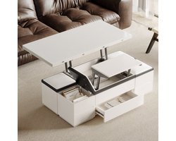 Guyii Modern Multifunctionele Salontafel met Opbergruimte - Verhoogbare Eettafel & Bureau - Inclusief 4 Krukken - Wit Hoogglans