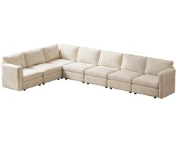 Guyii Nordic Comfort Hoekbank L-Vorm 7-Zits – Crème Stoffen Bank – Versterkt Houten Frame – Grote Hoekbank 248×397 cm