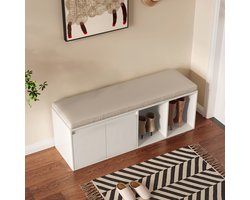 Guyii Schoenenbank – Schoenenbank met opbergruimte en zitkussen – Opbergbank voor hal of gang – 120 cm, wit Praktische schoenenbank – Moderne Poefs