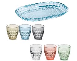 Guzzini Tiffany Serveerset 7-delig – 6 Glazen Multicolour & Serveerblad Transparant Blauw – Kunststof – Voor Tafel, Terras & Buiten – Vaatwasserbestendig & BPA-vrij – Made in Italy