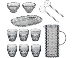 Guzzini Tiffany Tafelset 11-delig – Slabestek, Karaf, 6 Glazen, 2 schaaltjes & Dienblad – Kunststof, Transparant Grijs – Voor Tafel, Terras & Buiten – Vaatwasserbestendig & BPA-vrij – Made in Italy