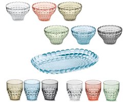 Guzzini Tiffany Tafelset 13-delig – 6 Servicecups & 6 Glazen Multicolour, Dienblad Transparant Blauw – Kunststof – Voor Tafel, Terras & Buiten – Vaatwasserbestendig & BPA-vrij – Made in Italy