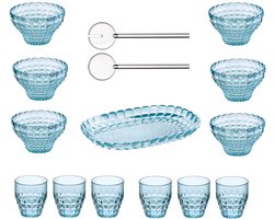 Guzzini Tiffany Tafelset 14-delig – Slabestek, 1 Dienblad, 6 schaaltjes & 6 Glazen – Kunststof, Transparant & Transparant Blauw – Voor Tafel, Terras & Buiten – Vaatwasserbestendig & BPA-vrij – Made in Italy