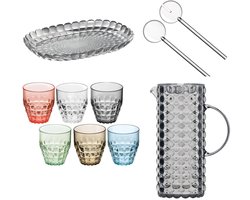 Guzzini Tiffany Tafelset 9-delig – Slabestek, Karaf, 6 Multicolour Glazen & Dienblad – Kunststof, Transparant & Multicolour – Voor Tafel, Terras & Buiten – Vaatwasserbestendig & BPA-vrij – Made in Italy