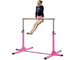 Gymnastiek Turnrek, 13-traps In Hoogte Verstelbaar Rekstang, Rek Turnstang Gemaakt Van Hout & Stabiele Staalconstructie Tot 75 Kg Belastbaar, Voor Kinderen Van 3+ Jaar, Indoor, Outdoor, Roze