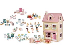 [H] Tender Leaf uniek houten poppenhuis Villa Foxtail XXL 3 verdiepingen inclusief 7 nieuwe houten popjes - woonkamer en keuken/slaap/badkamer/kinderkamer/babykamer/studeer kamer meubels en accessoires - 40 x 72 x 90 cm Zeer Compleet
