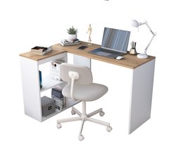 HA113 Bureau | 100% MELAMINE | Eiken, Wit - Emob - Hoekbureaus - Wit; Bruin - Spaanplaat - Hoekbureaus - Op voorraad