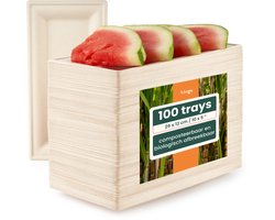 HAAGO 100 Biologisch Afbreekbare Dienbladen van Suikerriet, Rechthoekig 26x12cm - Milieuvriendelijk en Composteerbaar