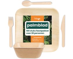 Haago – 100-delige Palmblad Servies & Houten Bestek Set – 20 Vierkante Borden (22x22cm), 20 Vierkante Kommen (450ml), 20 Messen, 20 Vorken & 20 Lepels – Biologisch Afbreekbaar – Magnetronbestendig