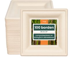 HAAGO - 100 Vierkante Wegwerp Bagasse Borden (20cm) - Grote Kartonnen Bordjes - Stevig, Stijf & Lekvrij - Biologisch afbreekbaar, Milieuvriendelijk & Thuis Composteerbaar