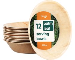 HAAGO 12 Grote Palmblad Schalen (700ml, rond) Biologisch afbreekbaar & Wegwerpkommen - Milieuvriendelijk Picknick & Buitenservies - Magnetronbestendig