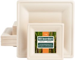HAAGO - 90 Vierkante Wegwerp Bagasse Borden voor Warm & Koud Eten (2 Maten: Groot, 26cm en Klein, 16cm) - Stevig, Stijf en Lekvrij - Biologisch afbreekbaar, Milieuvriendelijk en Thuis Composteerbaar