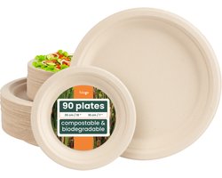 HAAGO 90 Wegwerp Bagasse Borden (2 Maten: Groot, 26cm en Klein, 18cm - 45 van elk) - Stevig, Stijf en Lekvrij - Biologisch afbreekbaar, Milieuvriendelijk en Thuis Composteerbaar