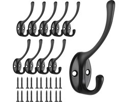 Haakjes - Ophanghaken - Set Van 10 - Ontwerp Met Dubbele Haak - Ophanghaakjes - Wandhaakjes - Jas Haak - Kapstokhaken - Sleutelhaak - Muurhaken - Handdoek Haakjes - Theedoek Hanger - Schroeven inbegrepen - Badkamer - Zwart