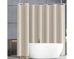 Haakloos douchegordijn, 240 x 200 cm, linnenlook, zwaar, beige, badgordijn, rond, kunstlinnen, textiel, waterafstotend, hotelluxe, extra lang, breedte 240 x hoogte 200 cm