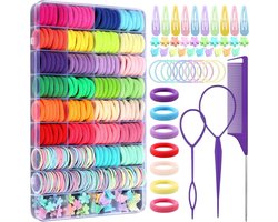Haaraccessoires Meisjes - Set van 403 - Grote Elastiekjes en Haarspeldjes Set - met Opbergbox - Naadloze Katoenen Haarelastieken Baby en Peuter - Topsy Tail Vlecht Tools en Puntext Kam - Kleurrijke Haarspelden Cadeauset