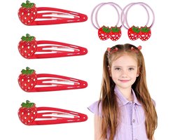 Haarclips met Snap Closure - Mooie Fruitvorm Haarspelden - Elastische Paardenstaart Rubber Haarclips voor Meisjes - Aardbeien - Kinderaccessoires - 8 Stuks - Rood