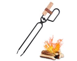 Haardklem - Houten handvat voor brandhout - Geschikt voor vuurkorven, kampvuur barbecue, houtskoolklem - Stevige eendenbek-brandklem - Geschikt voor kamperen, barbecueën, koken binnen en buiten - Zwart, houtkleur