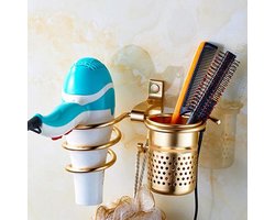 Haardrogerhouder met wandbeker voor badkamer en douche - aluminium houder met bevestigingsschroeven - goudkleurig - praktische opbergoplossing