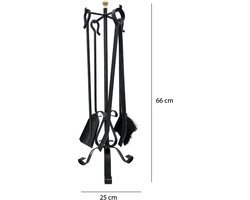 Haardset 4-delig smeedijzer zwart & 1 x messing bal H66cm ø 24- smeedijzer - koper