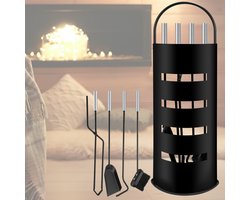 Haardset 5-delige stalen schoorsteenaccessoireset met schep, bezem, pookhouder en vuurhaak, zwart
