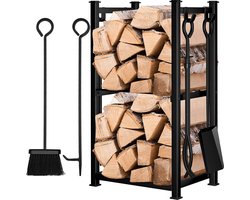 Haardset Brandhoutrek met Gereedschappen - Binnen Brandhoutrek met Planken - Openhaard Gereedschapsset met Schep Bezem Tang - Smeedijzer Brandhouthouder Haardhoutrek Zwart
