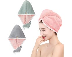Haarhanddoek Wrap - Koraal Fluweel - Haar Snel Drogen - Super Absorberend - 2 Stuks - Groen Roze Grijs