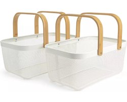 Habitat kleine verpakking van 2 messing opbergmanden houten handvat WIT