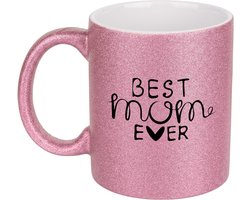 Hacebo® - Best mom ever koffiebeker glitter roze - Mama - moeder - thee mok - koffie beker - Moederdag - cadeau - verjaardag - beste ooit - koffiemok - 350 ML inhoud