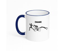 Hacebo® - Triathlon met eigen naam koffiebeker met gekleurde rand donker blauw - Sport - Sporter - thee mok - koffie beker - triathlon - koffiemok - 330 ML