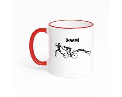 Hacebo® - Triathlon met eigen naam koffiebeker met gekleurde rand rood - Sport - Sporter - thee mok - koffie beker - triathlon - koffiemok - 330 ML