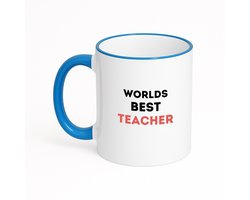 Hacebo® - worlds best teacher koffiebeker met gekleurde rand zee blauw - de beste leraar/lerares - thee mok - koffie beker - juf - meester - verjaardagscadeau - verjaardag - cadeau - afscheidscadeau - geschenk - koffiemok - 330 ML