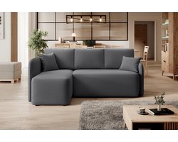 Hadson hoekbank met slaapfunctie en beddengoedcontainer, linkerkant, 206 cm x 150 cm, veloursstof, donkergrijze kleur
